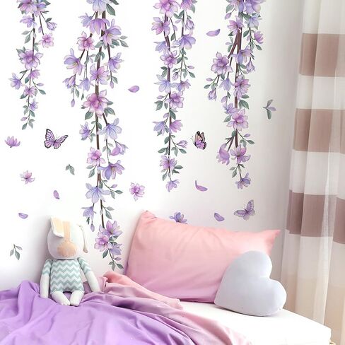DRWSSR Hanging Creative Removable DIY Purple Flower and Vines Some Flying Butterfly Wall Sticker Waterproof Vinyl Wall Decal Decor for Home Girls Bedroom Kids Room Bedroom Living Room Wall Corner in Saudi Arabia