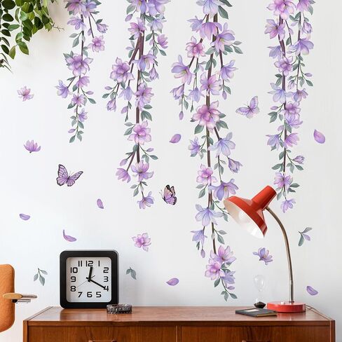 DRWSSR Hanging Creative Removable DIY Purple Flower and Vines Some Flying Butterfly Wall Sticker Waterproof Vinyl Wall Decal Decor for Home Girls Bedroom Kids Room Bedroom Living Room Wall Corner in Saudi Arabia