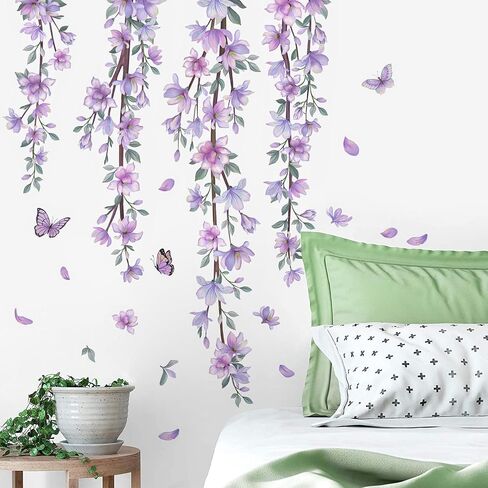 DRWSSR Hanging Creative Removable DIY Purple Flower and Vines Some Flying Butterfly Wall Sticker Waterproof Vinyl Wall Decal Decor for Home Girls Bedroom Kids Room Bedroom Living Room Wall Corner in Saudi Arabia