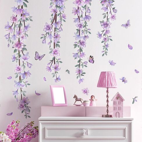 DRWSSR Hanging Creative Removable DIY Purple Flower and Vines Some Flying Butterfly Wall Sticker Waterproof Vinyl Wall Decal Decor for Home Girls Bedroom Kids Room Bedroom Living Room Wall Corner in Saudi Arabia
