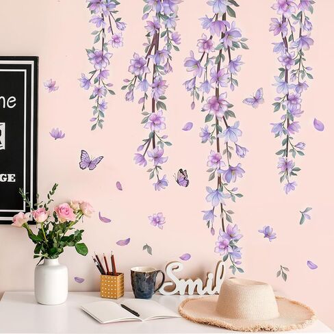 DRWSSR Hanging Creative Removable DIY Purple Flower and Vines Some Flying Butterfly Wall Sticker Waterproof Vinyl Wall Decal Decor for Home Girls Bedroom Kids Room Bedroom Living Room Wall Corner in Saudi Arabia