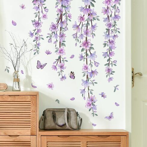 DRWSSR Hanging Creative Removable DIY Purple Flower and Vines Some Flying Butterfly Wall Sticker Waterproof Vinyl Wall Decal Decor for Home Girls Bedroom Kids Room Bedroom Living Room Wall Corner in Saudi Arabia