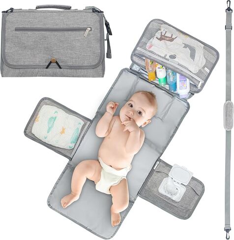 وسادة تغيير حفاضات محمولة من ليتل لاينر مع حزام كتف، 68.58 سم × 31.5 سم - وسادة تغيير حفاضات محمولة مع جيوب للمناديل ووسادة للرأس - وسادة تغيير حفاضات مبطنة بالكامل ومقاومة للماء للسفر للأطفال (رمادي) in Kuwait