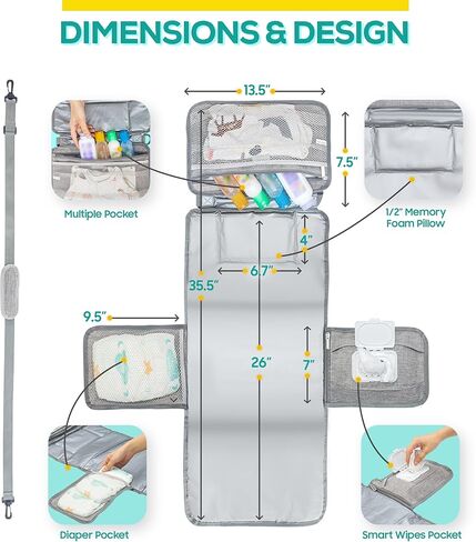 وسادة تغيير حفاضات محمولة من ليتل لاينر مع حزام كتف، 68.58 سم × 31.5 سم - وسادة تغيير حفاضات محمولة مع جيوب للمناديل ووسادة للرأس - وسادة تغيير حفاضات مبطنة بالكامل ومقاومة للماء للسفر للأطفال (رمادي) in Kuwait