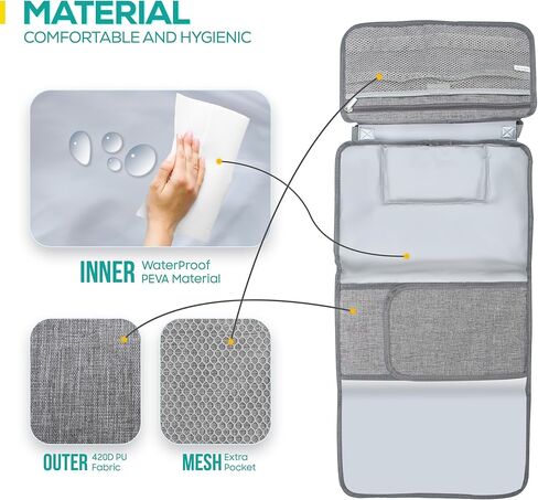 وسادة تغيير حفاضات محمولة من ليتل لاينر مع حزام كتف، 68.58 سم × 31.5 سم - وسادة تغيير حفاضات محمولة مع جيوب للمناديل ووسادة للرأس - وسادة تغيير حفاضات مبطنة بالكامل ومقاومة للماء للسفر للأطفال (رمادي) in Kuwait