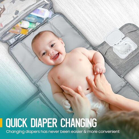وسادة تغيير حفاضات محمولة من ليتل لاينر مع حزام كتف، 68.58 سم × 31.5 سم - وسادة تغيير حفاضات محمولة مع جيوب للمناديل ووسادة للرأس - وسادة تغيير حفاضات مبطنة بالكامل ومقاومة للماء للسفر للأطفال (رمادي) in Kuwait
