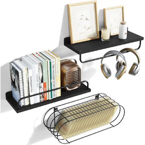 Love-KANKEI Floating Shelves Wall Mounted, Bathroom Shelf with Towel Bar, Wall Shelves with Wire Storage Basket,Wood Shelves for Kitchen Bedroom Living Room, Set of 3 White and Gold in Kuwait