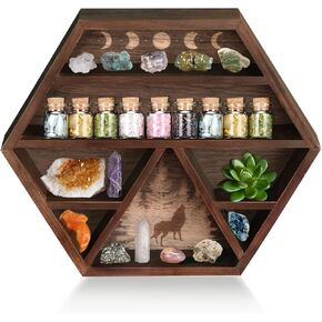 Unistyle كريستال الجرف عرض الهلال القمر الجرف، حامل كريستال مسدس للأحجار والزيوت العطرية والأرفف الخشبية ديكور الجدار الكريستال، عرض خشبي ريفي بني لديكور التأمل بوهو in Kuwait