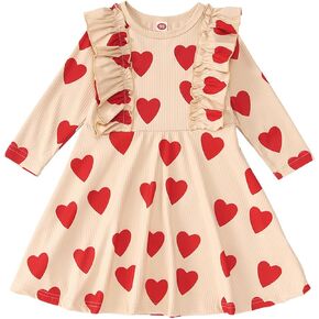 GLIGLITTR Toddler Baby Girls Valentine's Day Dress Love Heart Print Outfits Princess Ruffles Long Sleeve Twirly Skirt in Kuwait