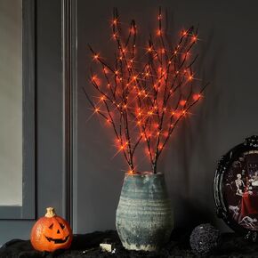 شجرة الهالوين السوداء من Fudios مع أضواء 24 LED برتقالية مع مؤقت، شجرة مخيفة لامعة على سطح الطاولة مضاءة 18 بوصة لديكور المنزل الساحر تعمل بالبطارية أو قابس USB