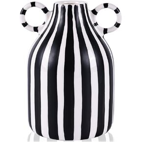 Black and White Ceramic Vase with Handle, Nordic Boho Small Vases Side Table Flower Centerpiece, Wide Mouth Single Flower Vase Pampas Grass Decorative - For Home Window Sill Living Dining Room Kitchen