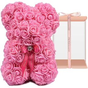 Hand Made Artificial Flowers Rose Bear Pure Color for Valentine Birthday and Mother's Day with a 10" Pink Gift Box (Grey Bow-Tricolor Flower)