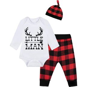 Baby Boys Girls Cute Deer Little Man Short Sleeve Plaid Clothes Outfit Set
