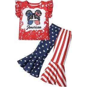 AGAPENG 4th من يوليو طفل فتاة الزي العلم الأمريكي تي شيرتات قصيرة الاكمام بلايز ستار مخطط متوهج جرس قيعان السراويل in Kuwait