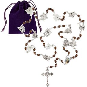 Needzo Stations of The Cross Chaplet Rosary with Wooden Prayer Beads and Silver Tone Crucifix, Includes Gift Pouch and Card, Easter Lenten Keepsakes for Catholic Men and Women, 30 Inches in Saudi Arabia