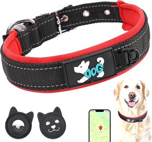 Yxiang طوق كلب مبطن ناعم، طوق كلب نايلون عاكس قابل للتعديل مع حامل AirTag، طوق سميك سميك للحيوانات الأليفة مع مشبك معدني متين وآمن للكلاب المتوسطة in Kuwait
