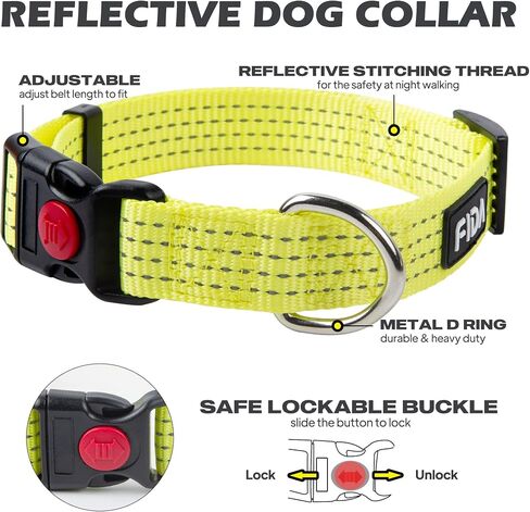 Fida Reflective Dog Collar, Nylon Dog Collars with Neon Colors for Small/Medium/Large Dogs, High Visibility Dog Collars with Safety Locking Buckle(Large, Neon Yellow) in Saudi Arabia