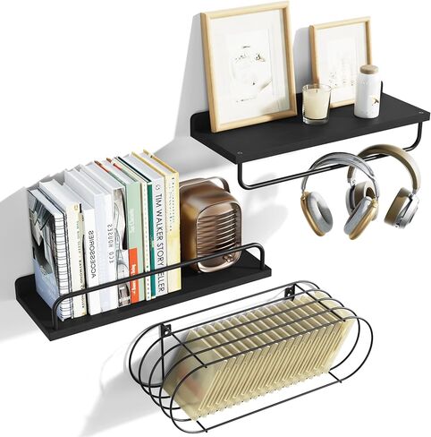 Love-KANKEI Floating Shelves Wall Mounted, Bathroom Shelf with Towel Bar, Wall Shelves with Wire Storage Basket,Wood Shelves for Kitchen Bedroom Living Room, Set of 3 White and Gold in Kuwait