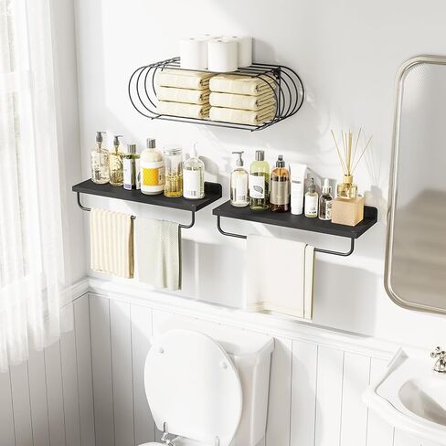 Love-KANKEI Floating Shelves Wall Mounted, Bathroom Shelf with Towel Bar, Wall Shelves with Wire Storage Basket,Wood Shelves for Kitchen Bedroom Living Room, Set of 3 White and Gold in Kuwait