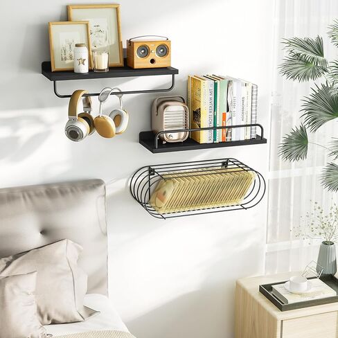 Love-KANKEI Floating Shelves Wall Mounted, Bathroom Shelf with Towel Bar, Wall Shelves with Wire Storage Basket,Wood Shelves for Kitchen Bedroom Living Room, Set of 3 White and Gold in Kuwait