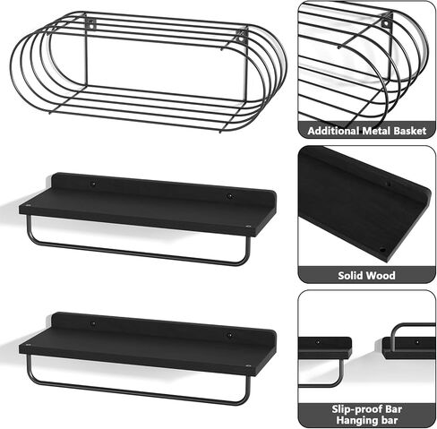 Love-KANKEI Floating Shelves Wall Mounted, Bathroom Shelf with Towel Bar, Wall Shelves with Wire Storage Basket,Wood Shelves for Kitchen Bedroom Living Room, Set of 3 White and Gold in Kuwait