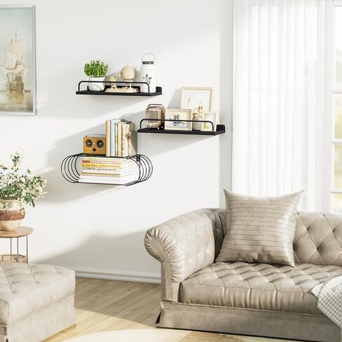 Love-KANKEI Floating Shelves Wall Mounted, Bathroom Shelf with Towel Bar, Wall Shelves with Wire Storage Basket,Wood Shelves for Kitchen Bedroom Living Room, Set of 3 White and Gold in Kuwait