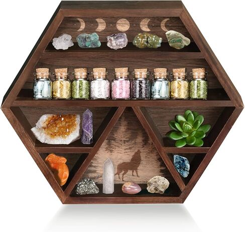 Unistyle كريستال الجرف عرض الهلال القمر الجرف، حامل كريستال مسدس للأحجار والزيوت العطرية والأرفف الخشبية ديكور الجدار الكريستال، عرض خشبي ريفي بني لديكور التأمل بوهو in Kuwait