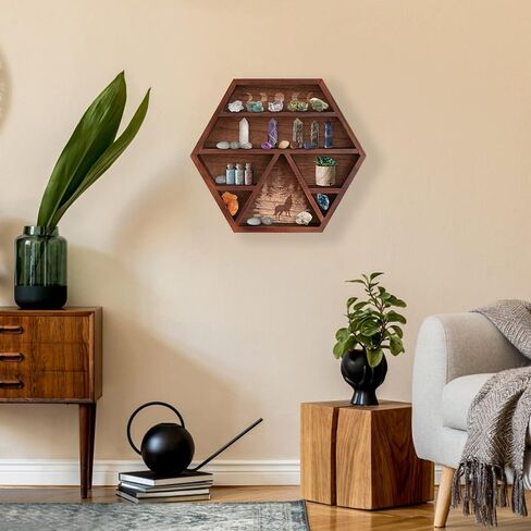 Unistyle كريستال الجرف عرض الهلال القمر الجرف، حامل كريستال مسدس للأحجار والزيوت العطرية والأرفف الخشبية ديكور الجدار الكريستال، عرض خشبي ريفي بني لديكور التأمل بوهو in Kuwait