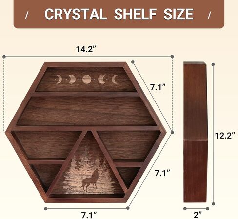 Unistyle كريستال الجرف عرض الهلال القمر الجرف، حامل كريستال مسدس للأحجار والزيوت العطرية والأرفف الخشبية ديكور الجدار الكريستال، عرض خشبي ريفي بني لديكور التأمل بوهو in Kuwait