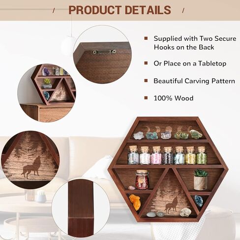 Unistyle كريستال الجرف عرض الهلال القمر الجرف، حامل كريستال مسدس للأحجار والزيوت العطرية والأرفف الخشبية ديكور الجدار الكريستال، عرض خشبي ريفي بني لديكور التأمل بوهو in Kuwait