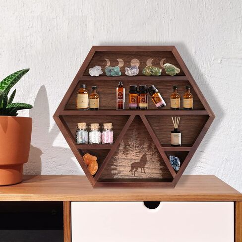 Unistyle كريستال الجرف عرض الهلال القمر الجرف، حامل كريستال مسدس للأحجار والزيوت العطرية والأرفف الخشبية ديكور الجدار الكريستال، عرض خشبي ريفي بني لديكور التأمل بوهو in Kuwait