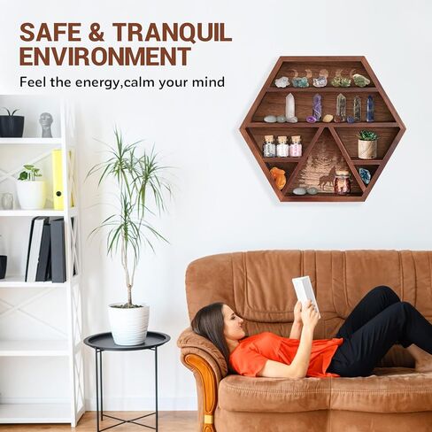 Unistyle كريستال الجرف عرض الهلال القمر الجرف، حامل كريستال مسدس للأحجار والزيوت العطرية والأرفف الخشبية ديكور الجدار الكريستال، عرض خشبي ريفي بني لديكور التأمل بوهو in Kuwait