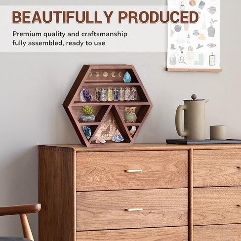 Unistyle كريستال الجرف عرض الهلال القمر الجرف، حامل كريستال مسدس للأحجار والزيوت العطرية والأرفف الخشبية ديكور الجدار الكريستال، عرض خشبي ريفي بني لديكور التأمل بوهو in Kuwait