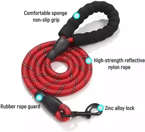 مقود كلب قوي كبير من النايلون العاكس مع مقبض مبطن مريح وخيوط عاكسة للغاية للكلاب الصغيرة والمتوسطة والكبيرة (أحمر) in Kuwait