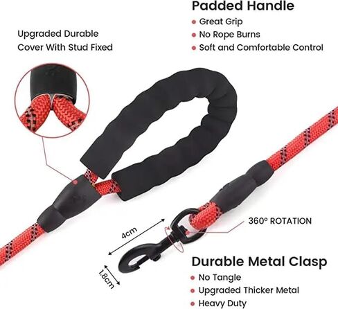 مقود كلب قوي كبير من النايلون العاكس مع مقبض مبطن مريح وخيوط عاكسة للغاية للكلاب الصغيرة والمتوسطة والكبيرة (أحمر) in Kuwait