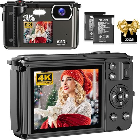 كاميرا رقمية 4K مع بطاقة SD، صور فائقة الدقة 64 ميجابكسل وفيديو 4K 60 إطارًا في الثانية، شاشات مزدوجة 2.8 بوصة/16x تكبير/فاصل زمني/حركة بطيئة/تركيز تلقائي/تركيز يدوي/وظيفة WiFi، كاميرا تسجيل فيديو لليوتيوب in Kuwait