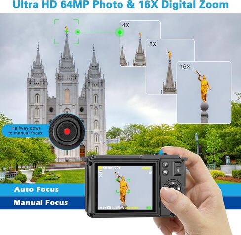 كاميرا رقمية 4K مع بطاقة SD، صور فائقة الدقة 64 ميجابكسل وفيديو 4K 60 إطارًا في الثانية، شاشات مزدوجة 2.8 بوصة/16x تكبير/فاصل زمني/حركة بطيئة/تركيز تلقائي/تركيز يدوي/وظيفة WiFi، كاميرا تسجيل فيديو لليوتيوب in Kuwait