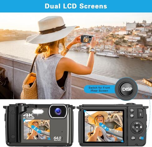 كاميرا رقمية 4K مع بطاقة SD، صور فائقة الدقة 64 ميجابكسل وفيديو 4K 60 إطارًا في الثانية، شاشات مزدوجة 2.8 بوصة/16x تكبير/فاصل زمني/حركة بطيئة/تركيز تلقائي/تركيز يدوي/وظيفة WiFi، كاميرا تسجيل فيديو لليوتيوب in Kuwait