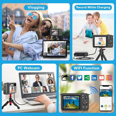 كاميرا رقمية 4K مع بطاقة SD، صور فائقة الدقة 64 ميجابكسل وفيديو 4K 60 إطارًا في الثانية، شاشات مزدوجة 2.8 بوصة/16x تكبير/فاصل زمني/حركة بطيئة/تركيز تلقائي/تركيز يدوي/وظيفة WiFi، كاميرا تسجيل فيديو لليوتيوب in Kuwait