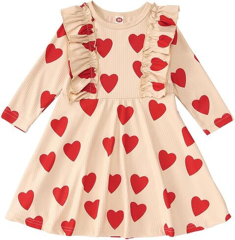 GLIGLITTR Toddler Baby Girls Valentine's Day Dress Love Heart Print Outfits Princess Ruffles Long Sleeve Twirly Skirt in Kuwait