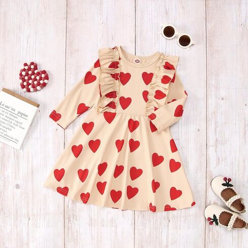 GLIGLITTR Toddler Baby Girls Valentine's Day Dress Love Heart Print Outfits Princess Ruffles Long Sleeve Twirly Skirt in Kuwait