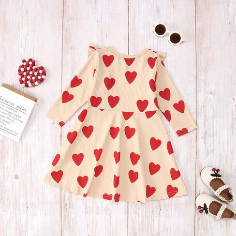 GLIGLITTR Toddler Baby Girls Valentine's Day Dress Love Heart Print Outfits Princess Ruffles Long Sleeve Twirly Skirt in Kuwait