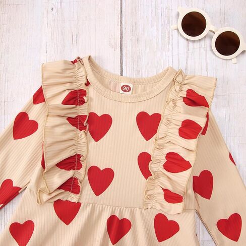 GLIGLITTR Toddler Baby Girls Valentine's Day Dress Love Heart Print Outfits Princess Ruffles Long Sleeve Twirly Skirt in Kuwait