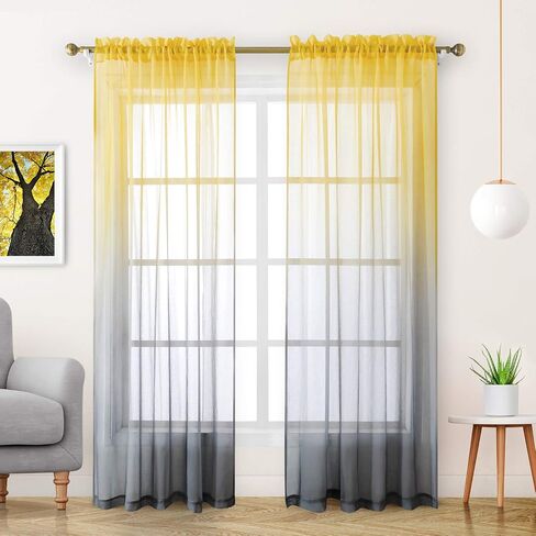 HOMEIDEAS 2 Panels Yellow and Grey Sheer Curtains for Girls Bedroom 52 X 96 Inch, Ombre Linen Curtains Rod Pocket Drapes for Nursery Kids Window and Living Room in Saudi Arabia