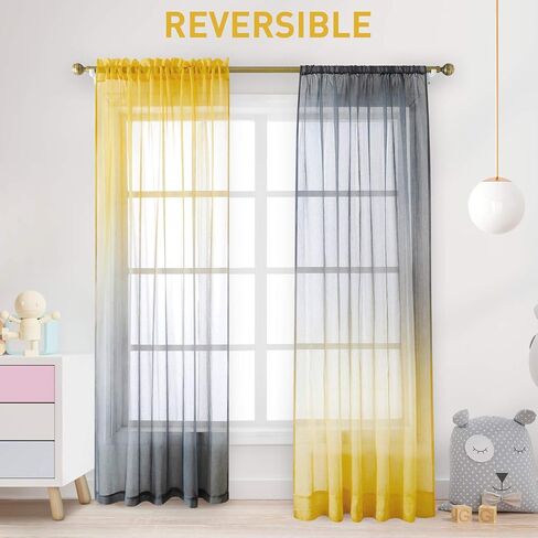 HOMEIDEAS 2 Panels Yellow and Grey Sheer Curtains for Girls Bedroom 52 X 96 Inch, Ombre Linen Curtains Rod Pocket Drapes for Nursery Kids Window and Living Room in Saudi Arabia