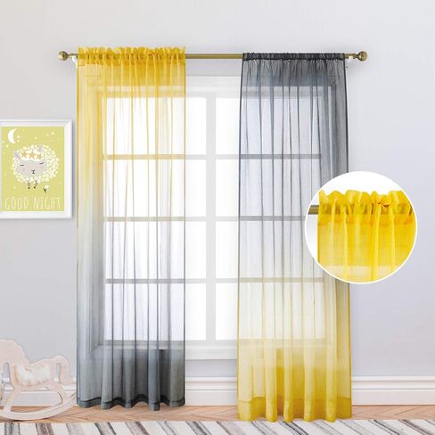 HOMEIDEAS 2 Panels Yellow and Grey Sheer Curtains for Girls Bedroom 52 X 96 Inch, Ombre Linen Curtains Rod Pocket Drapes for Nursery Kids Window and Living Room in Saudi Arabia