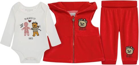 GUESS Baby Girl Metallic and Puff Printed Bodysuit and Velour Vest and Bottom 3 Piece Set in Saudi Arabia