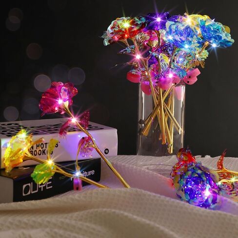 Lyrow Valentines Light Up Rose LED Galaxy Forever Rose Flower Gifts الملونة زهرة قوس قزح الاصطناعية لحبيبك صديقة أمي عيد الأم عيد ميلاد الزفاف عيد الميلاد 9.84 بوصة (وردي، 24 قطعة) in Kuwait