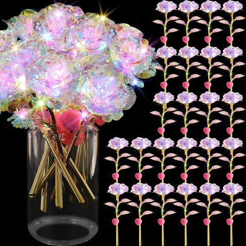 Lyrow Valentines Light Up Rose LED Galaxy Forever Rose Flower Gifts الملونة زهرة قوس قزح الاصطناعية لحبيبك صديقة أمي عيد الأم عيد ميلاد الزفاف عيد الميلاد 9.84 بوصة (وردي، 24 قطعة) in Kuwait
