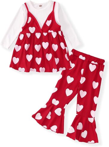 GLIGLITTR Kids Girls Valentine's Day Clothes Outfit Love Heart Graphic Patchwork Top Bell Bottomed Pants 2pcs Spring Set in Saudi Arabia